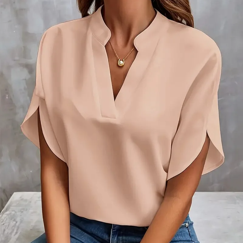 Notch Neck Short Sleeve Blouse