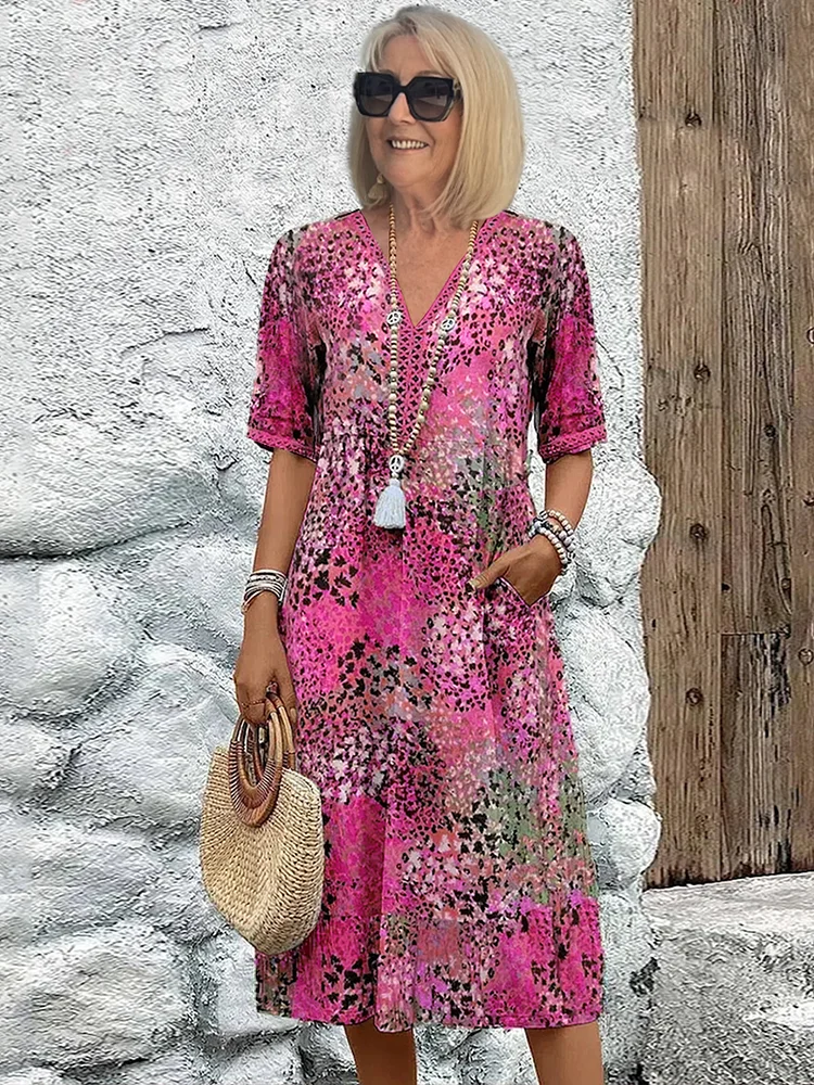 Floral V-Neck Short Sleeve Tiered Midi Dress 3