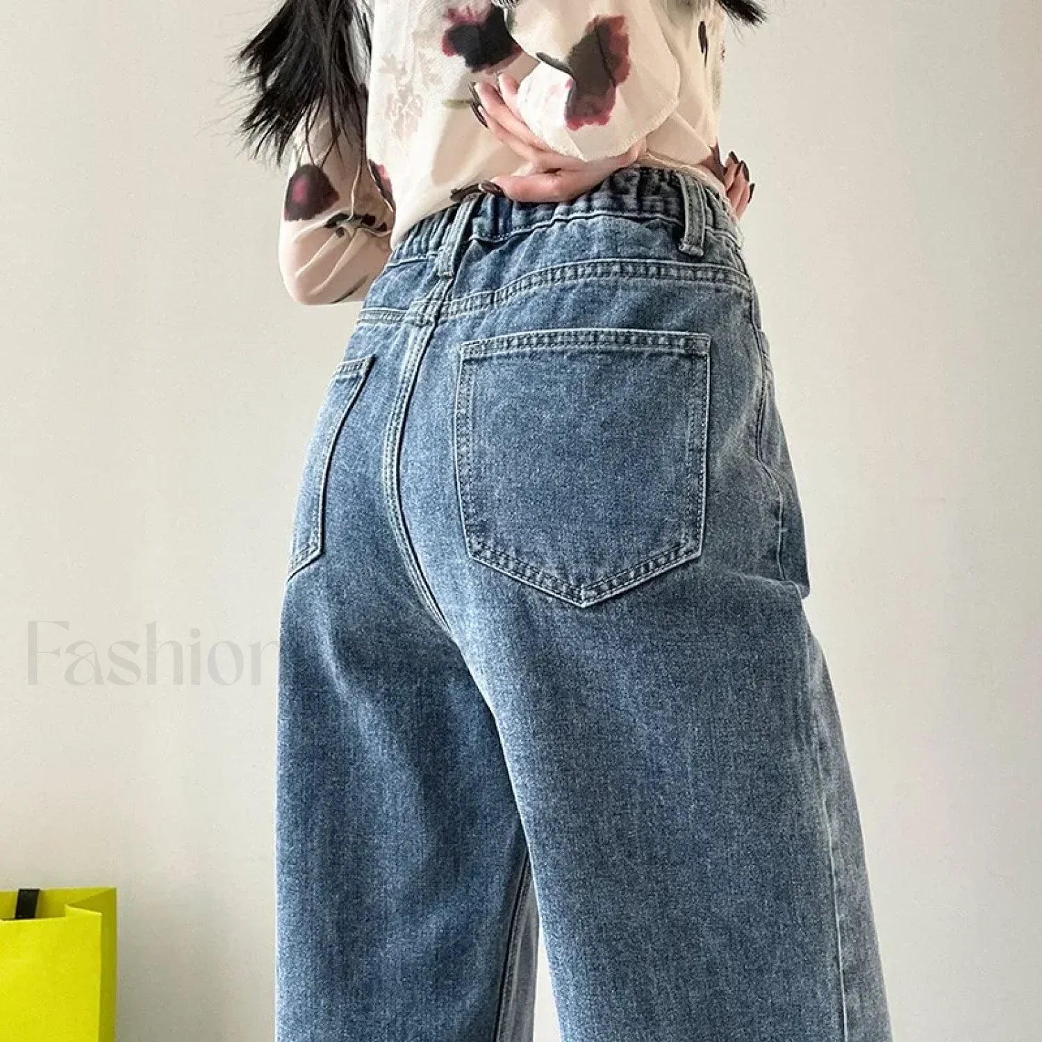 Draped Elastic Waist Wide Leg Denim Jeans