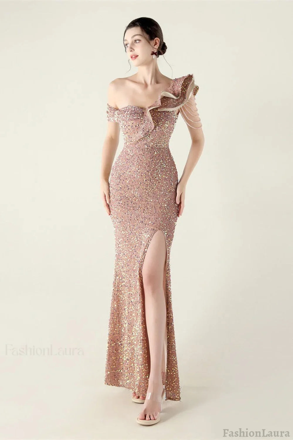 Draped One Shoulder Ruffle Formal Dress