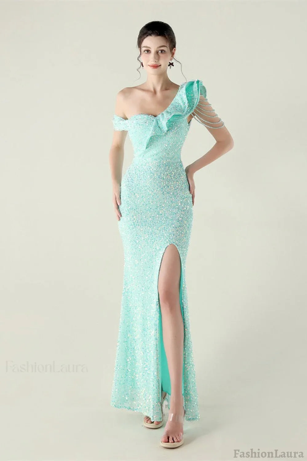 Draped One Shoulder Ruffle Formal Dress S / Blue