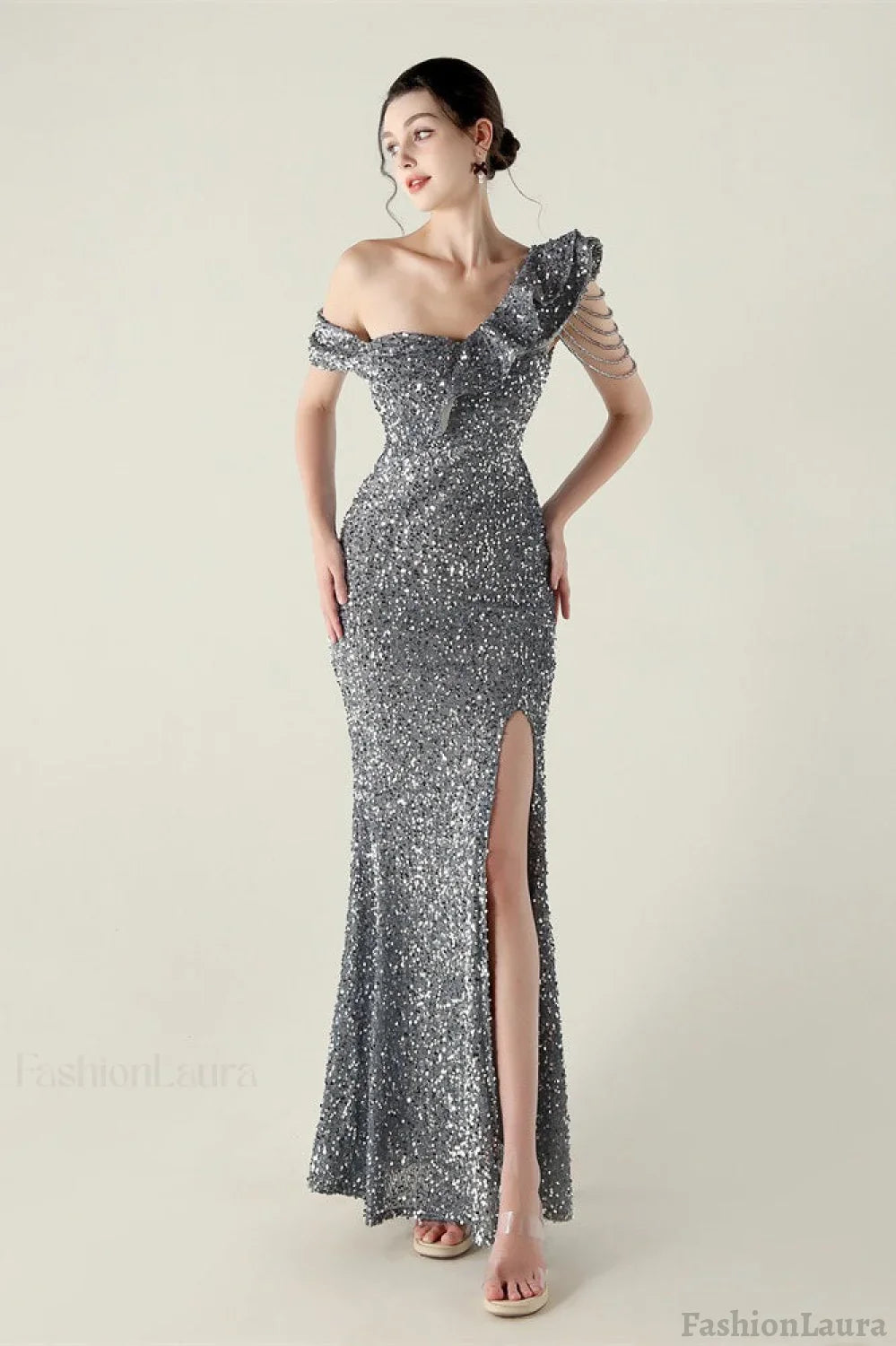 Draped One Shoulder Ruffle Formal Dress S / Grey