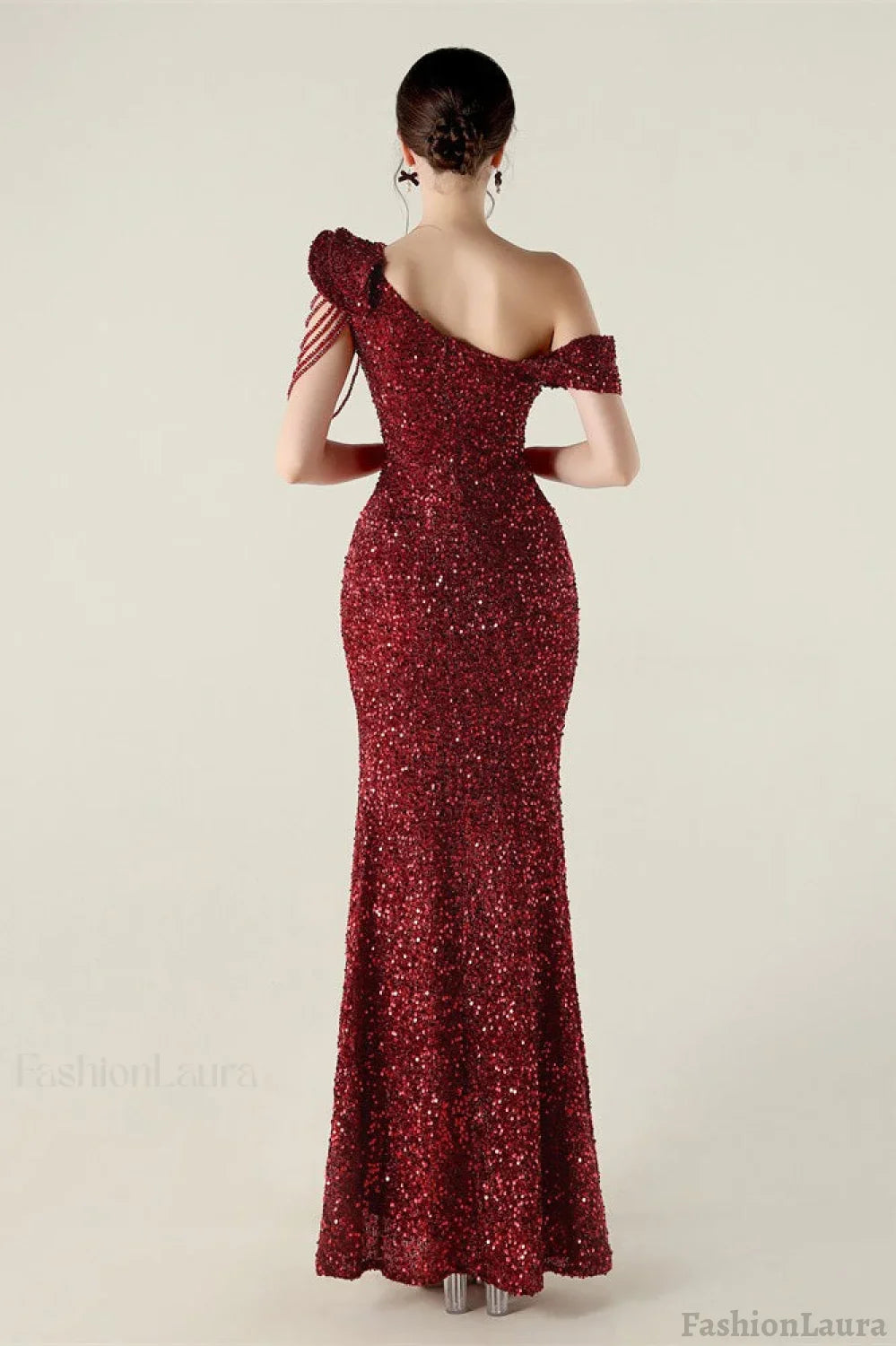 Draped One Shoulder Ruffle Formal Dress S / Red