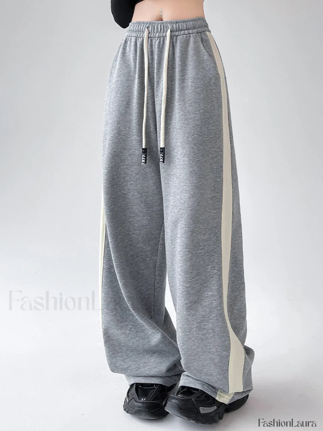 Drawstring Contrast Trim Trendy Wide Leg Sweatpants