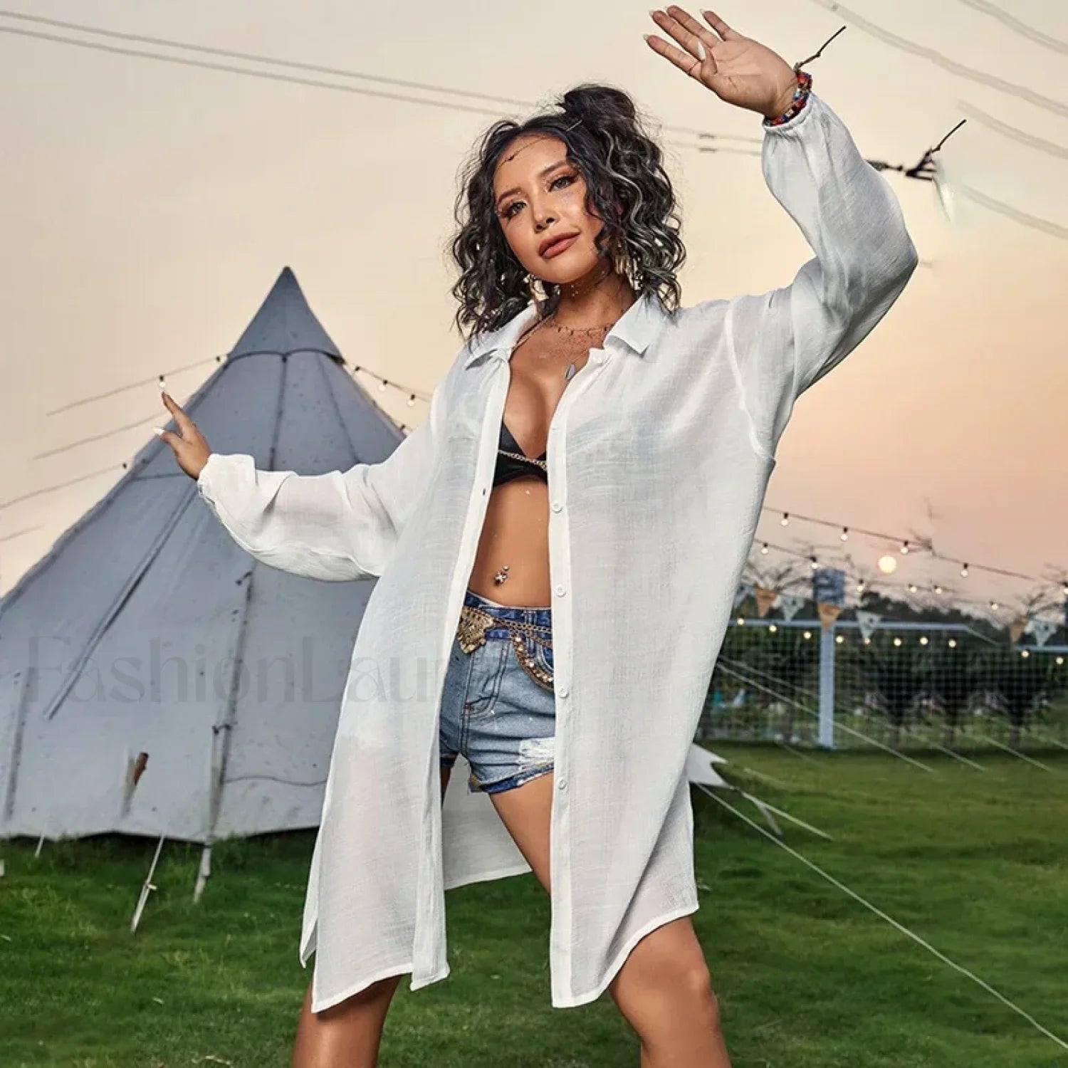 Drawstring Hollow Knit Dress Cover Up