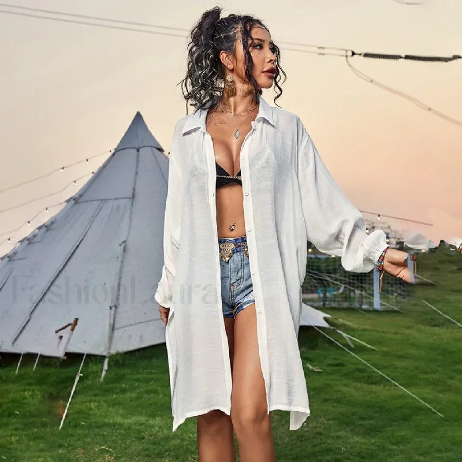 Drawstring Hollow Knit Dress Cover Up