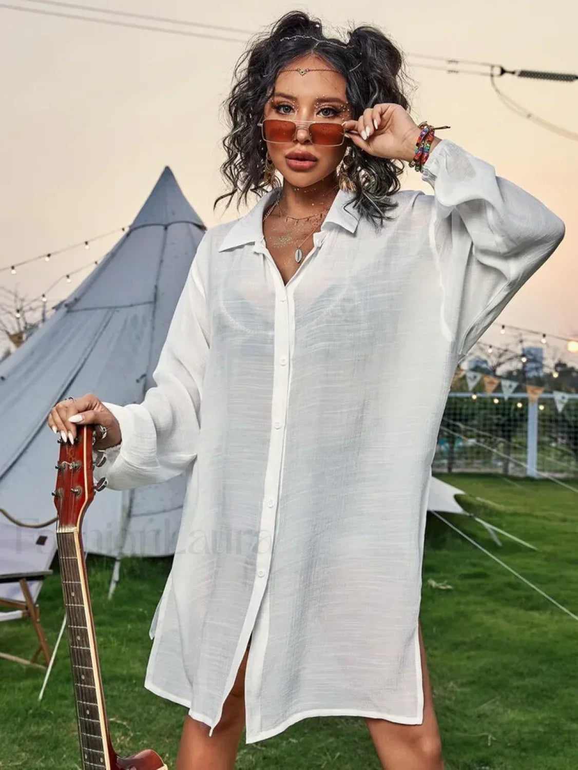 Drawstring Hollow Knit Dress Cover Up WHITE / One Size