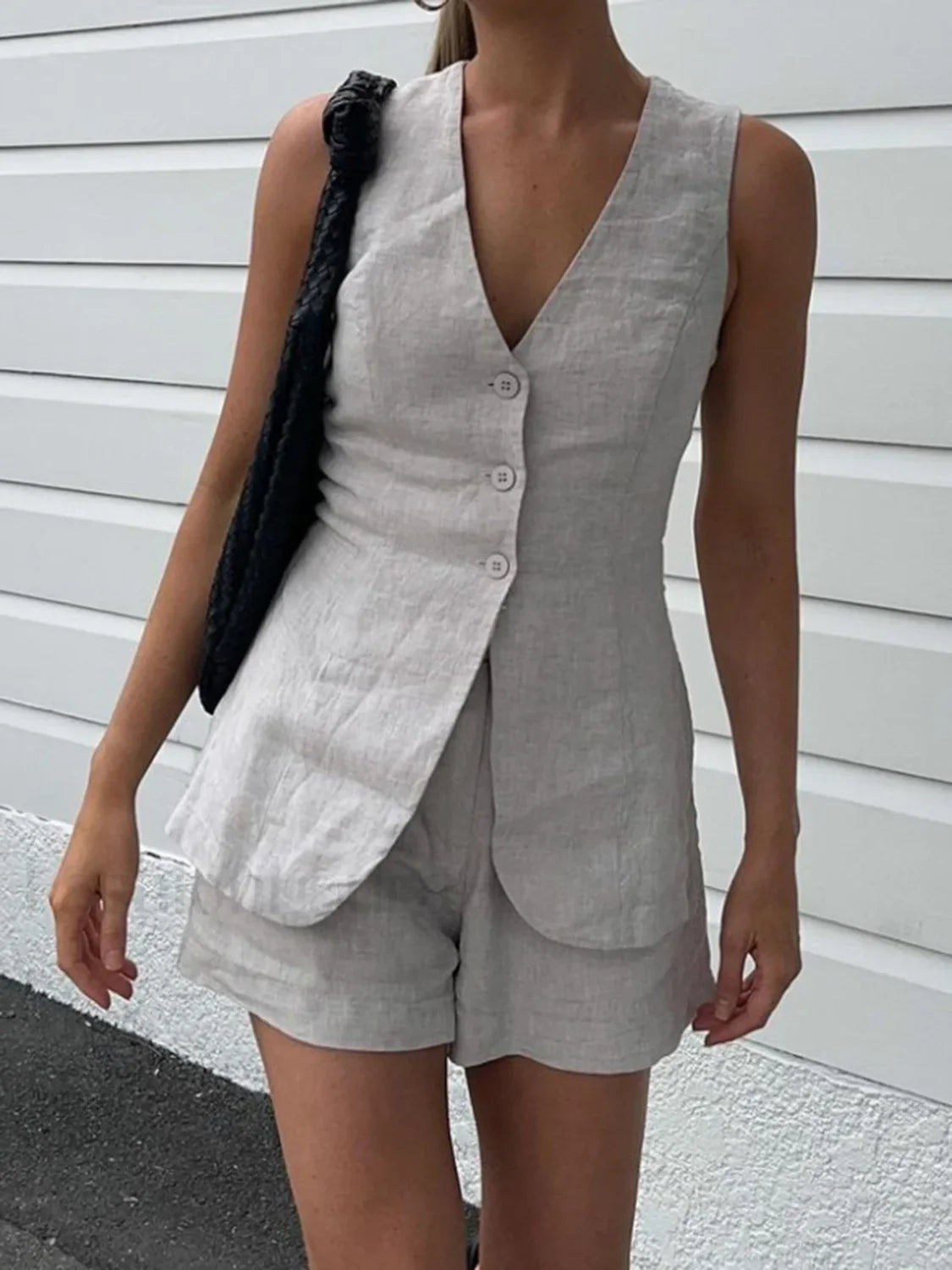 Drawstring Split Casual Shorts Set Light Grey / XS Short Sets