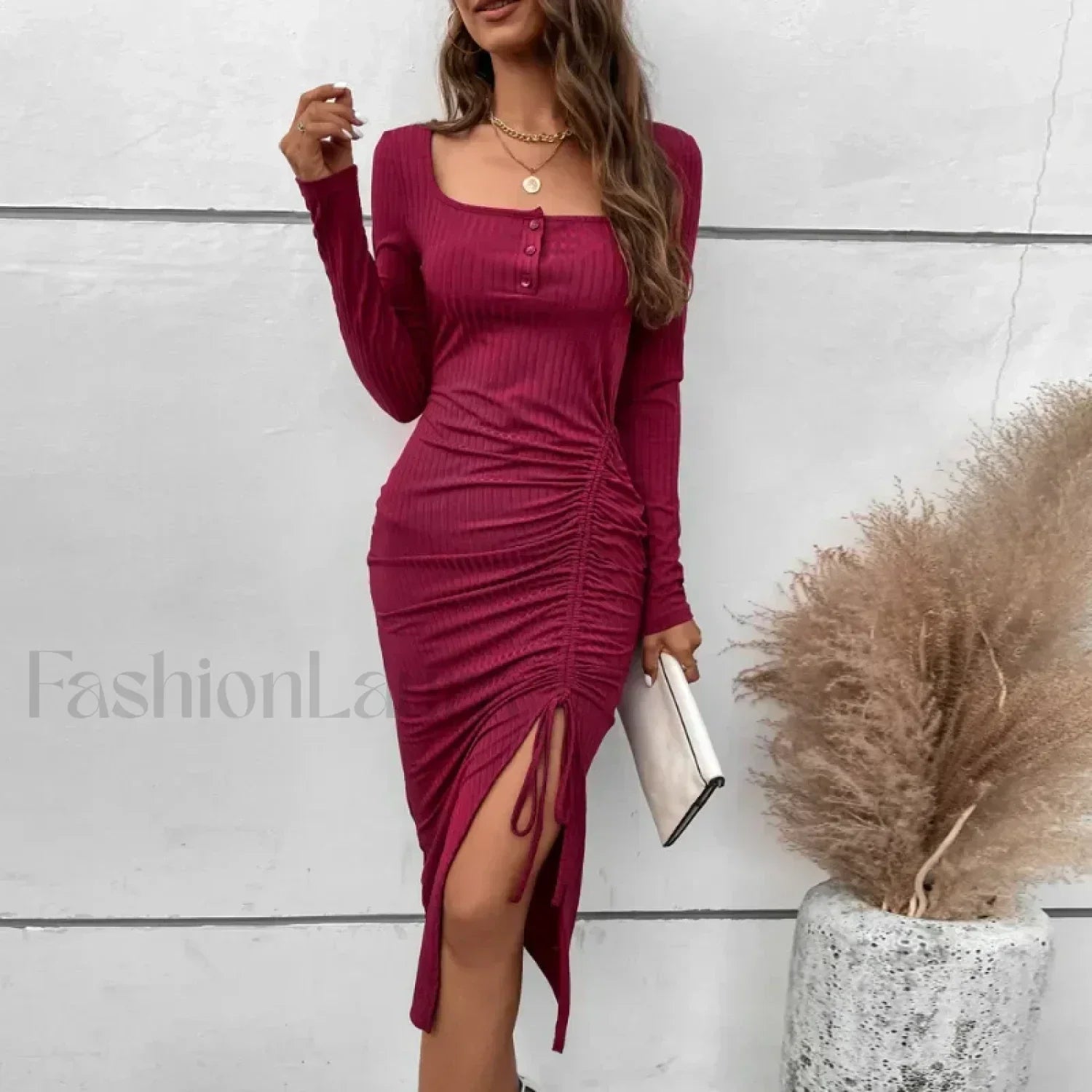 Drawstring Split Elegant High Waist Skinny A-Line Midi Dress