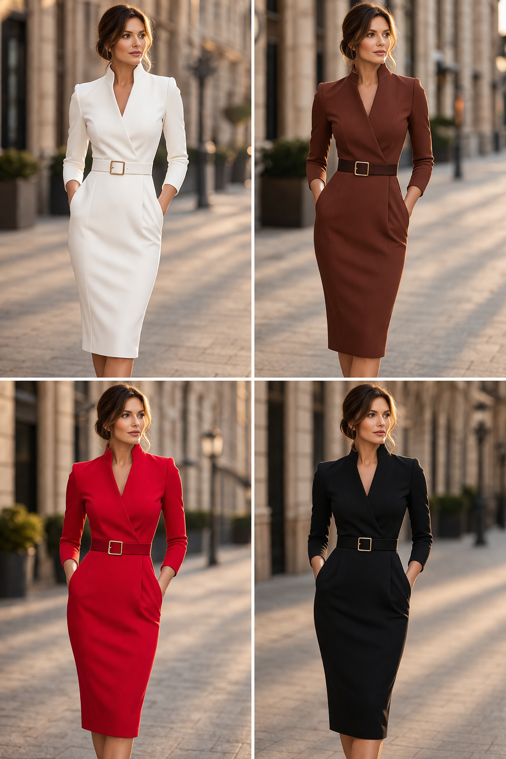 Stand Collar Wrap Front Belted Long Sleeve Midi Pencil Dress