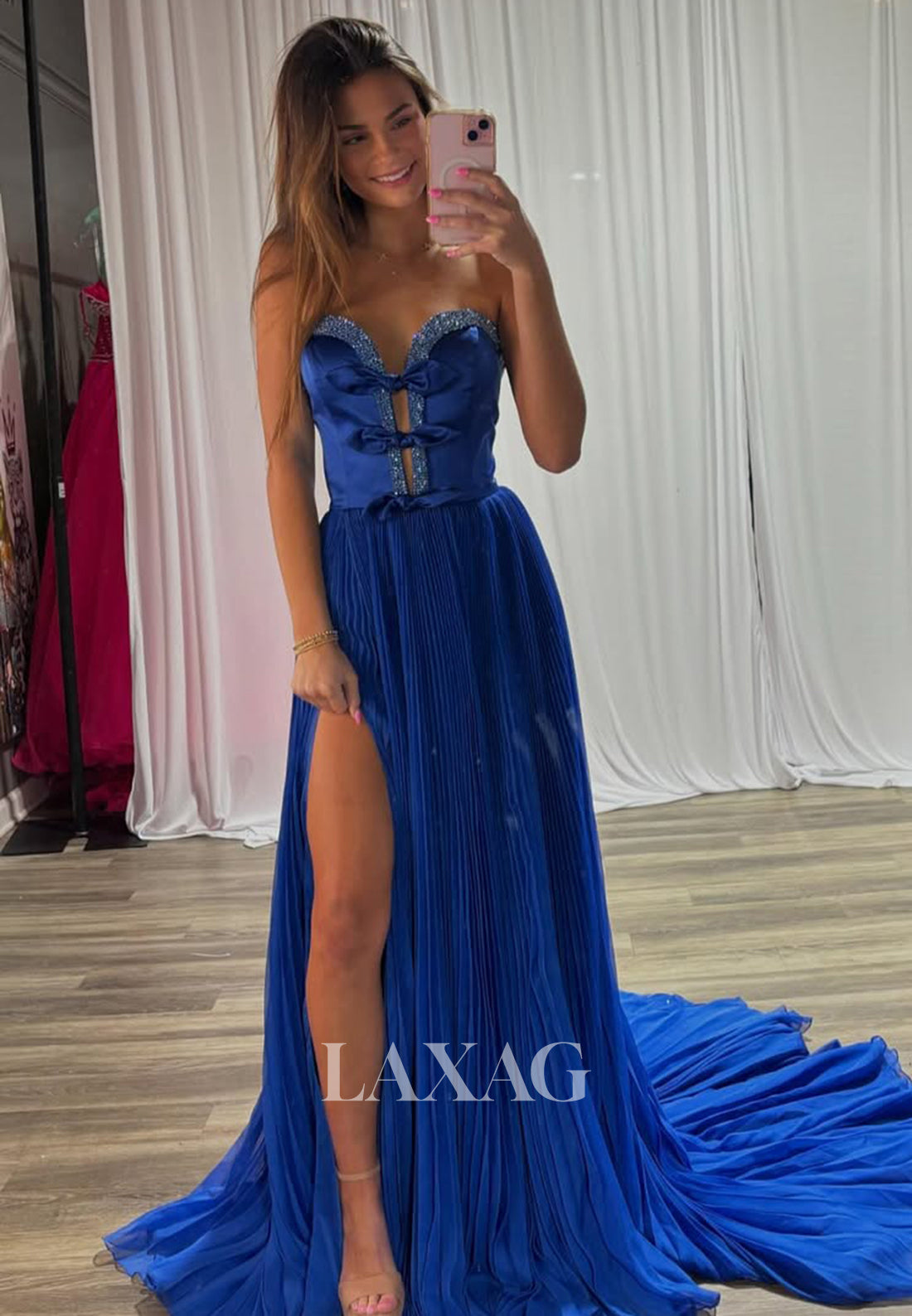 Plunging V-Neck Off-Shoulder Sleeveless Formal Gowns Beaded Pleated Chiffon Fitted Prom Dress with Bows