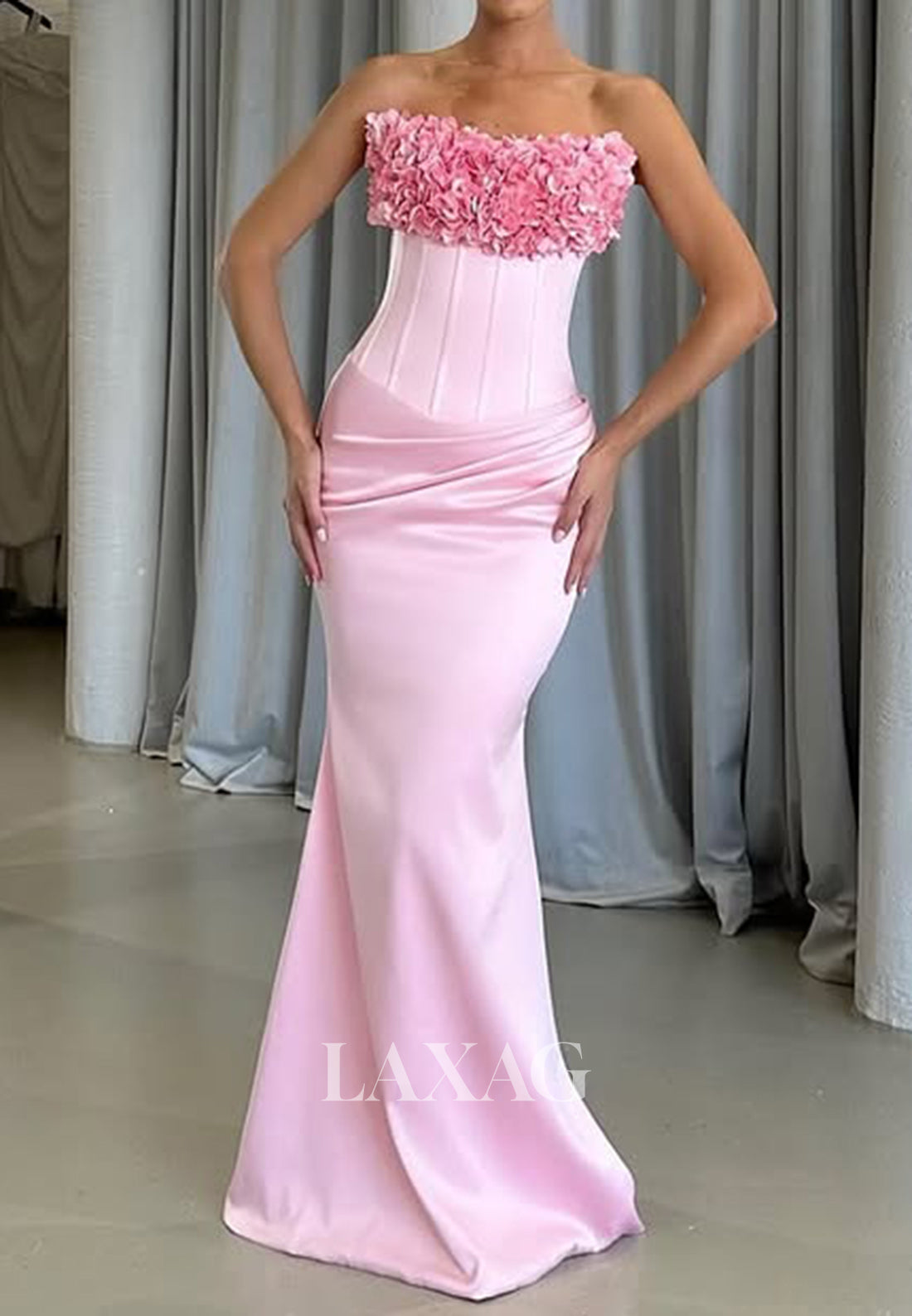 Off-Shoulder Floral Embellished Tube Top Mermaid Prom Dress Sleeveless Pleated Floor-Length Formal Gowns
