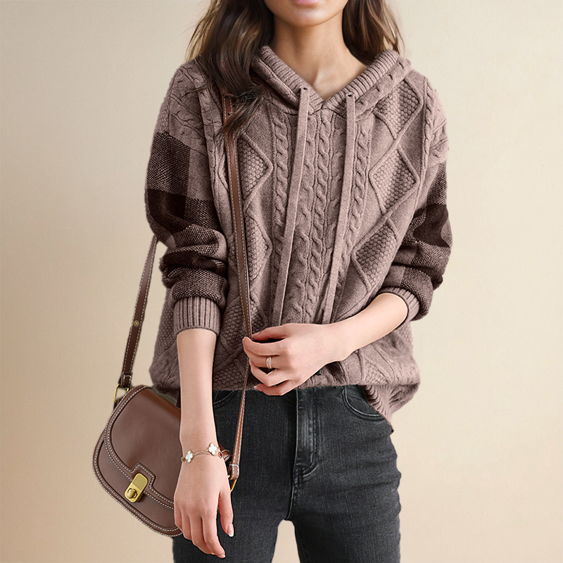 Hooded Cable Knit Drawstring Sweater