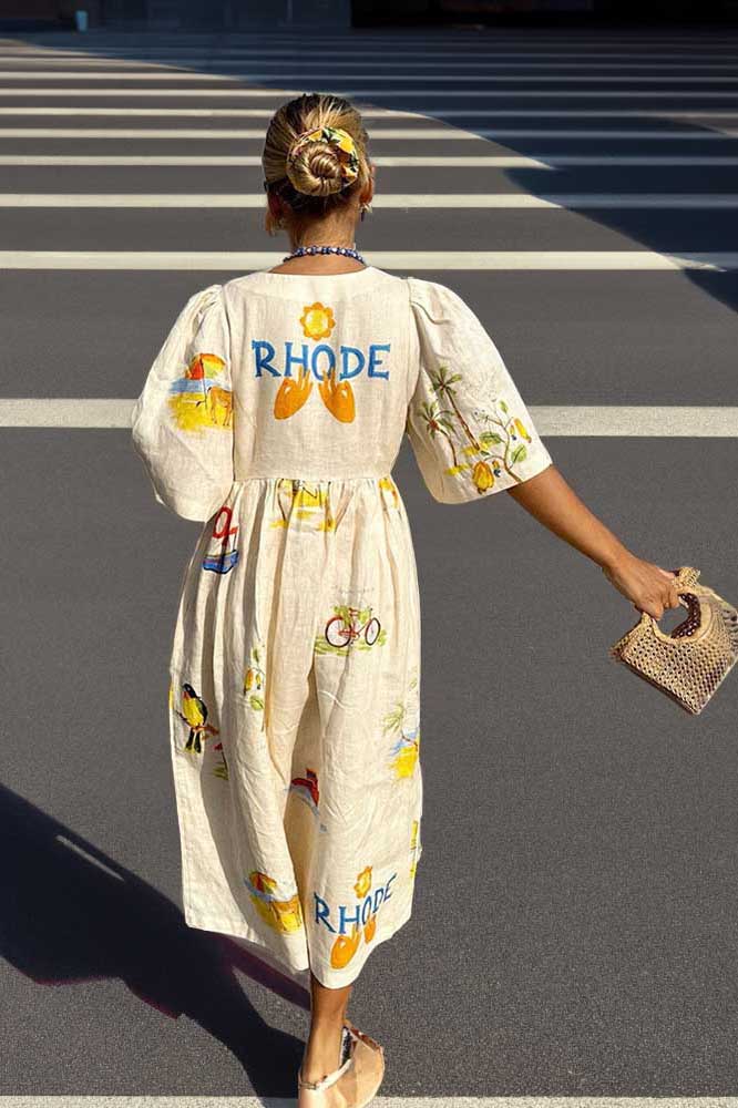 Chic Yolaina Printed Linen Midi Dress Silhouette Collection