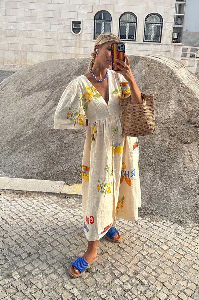 Chic Yolaina Printed Linen Midi Dress Silhouette Collection