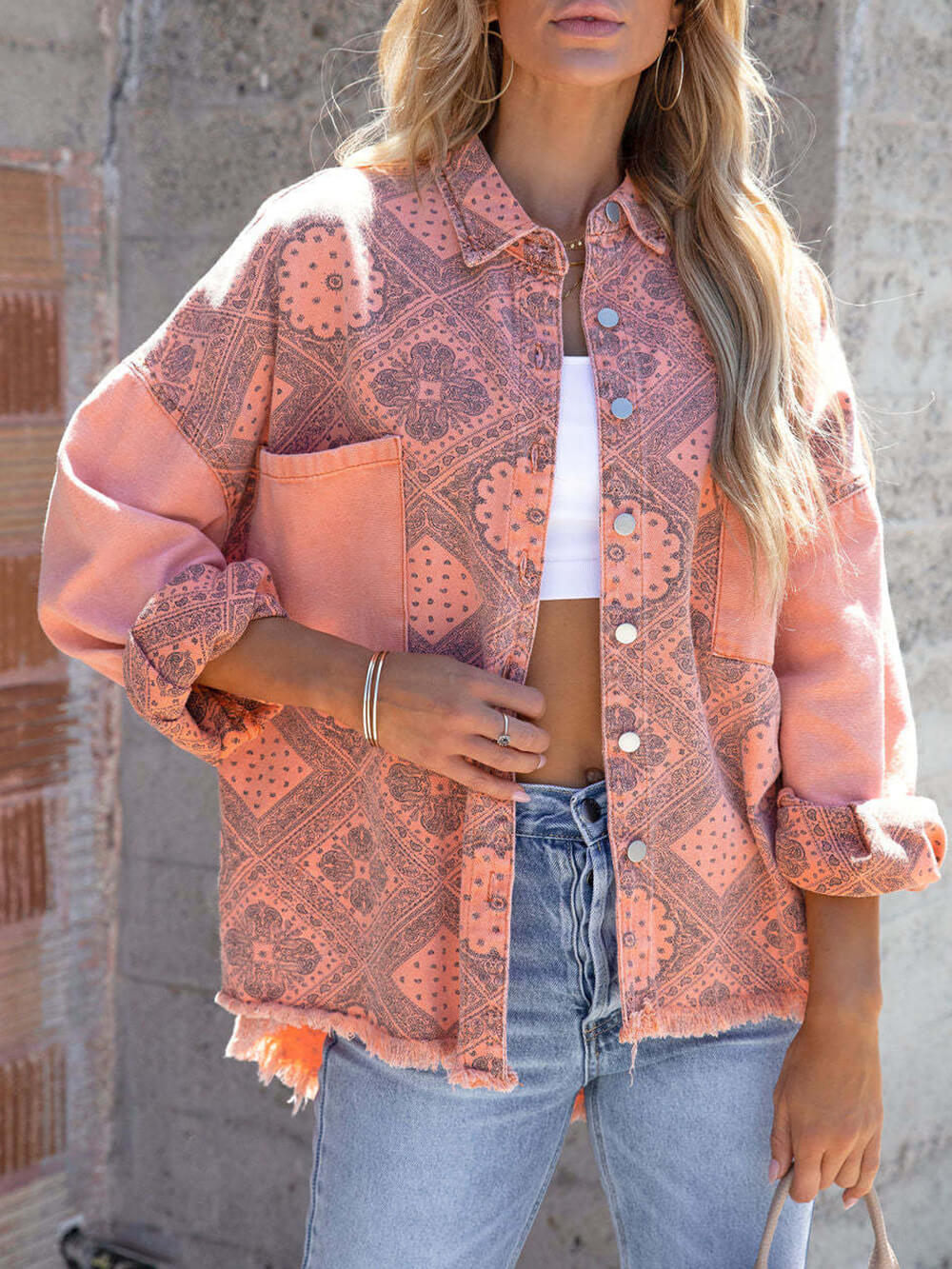 Bandana Print Frayed Hem Oversized Denim Jacket