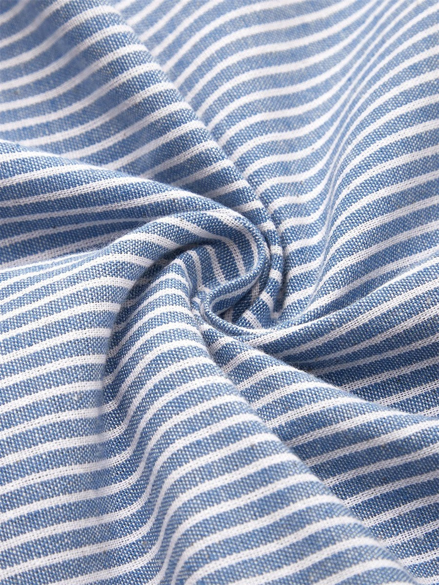 Striped Round Neck Short Sleeve Button Front Midi Dress
