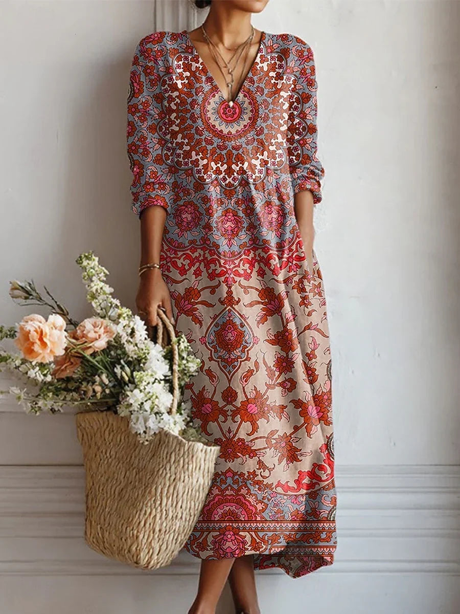 Paisley Print V-Neck A-Line Midi Dress