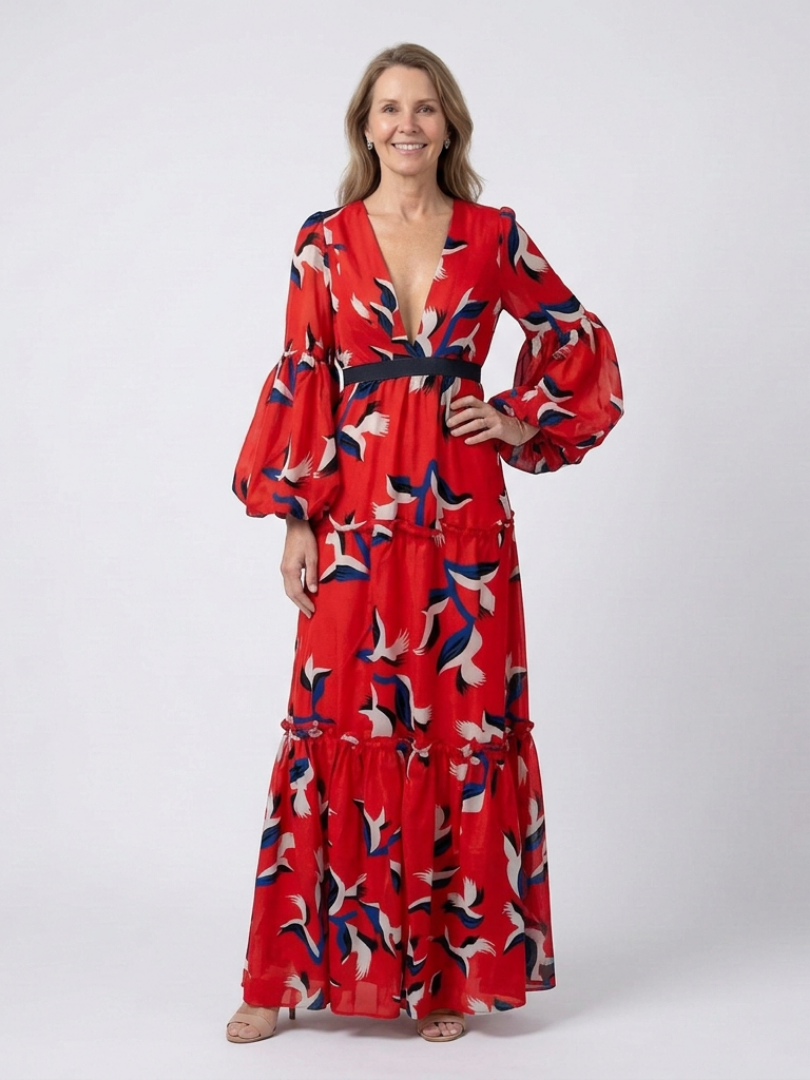 Animal Print V-Neck Puff Sleeve Tie Waist Maxi Dress