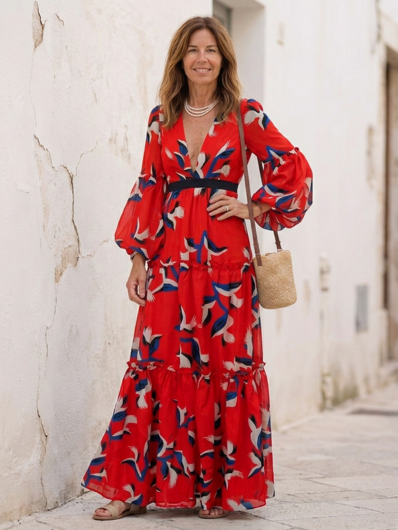Animal Print V-Neck Puff Sleeve Tie Waist Maxi Dress