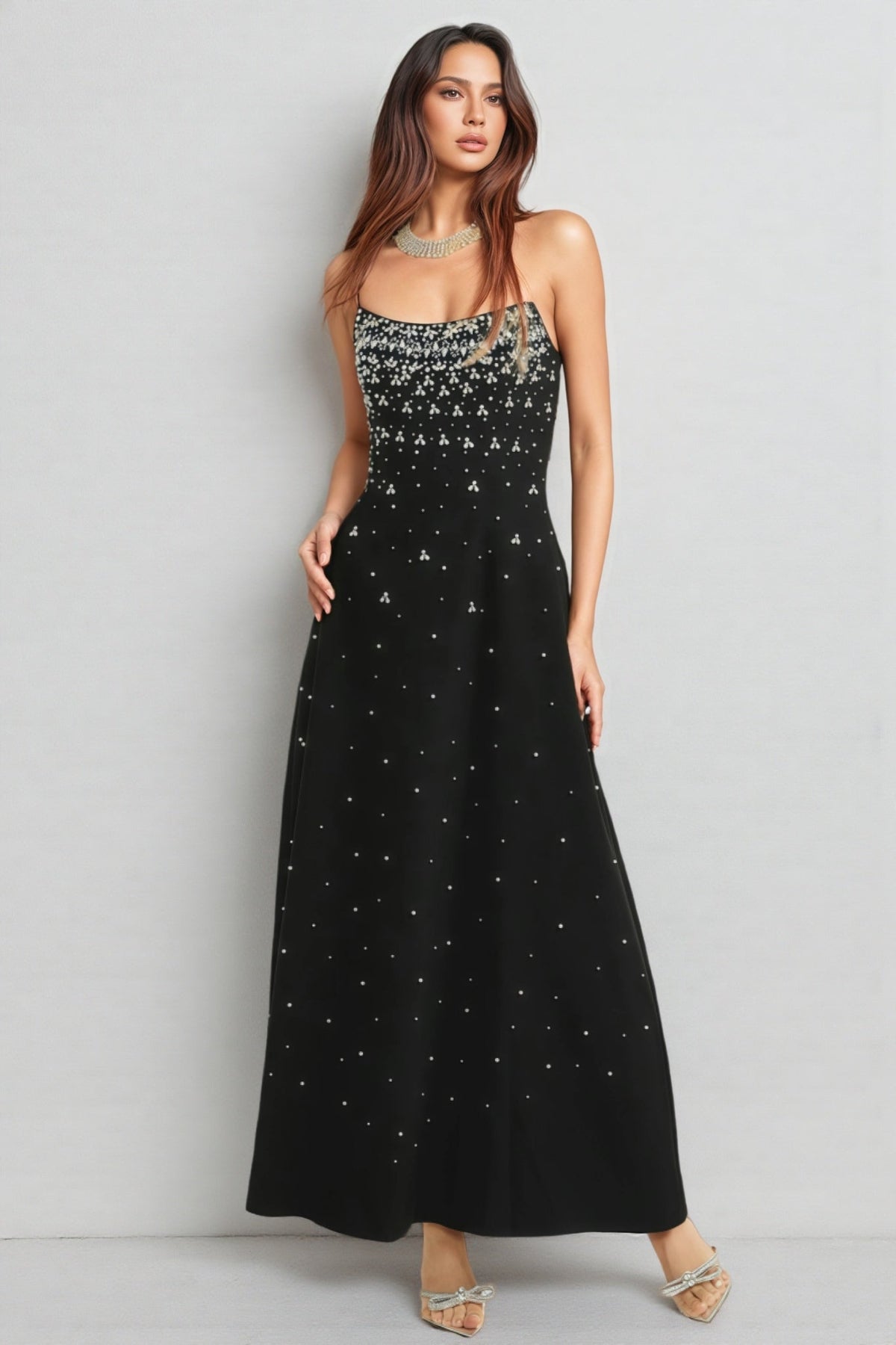 Spaghetti Strap Scoop Neck Faux Pearl Embellished A-Line Maxi Dress