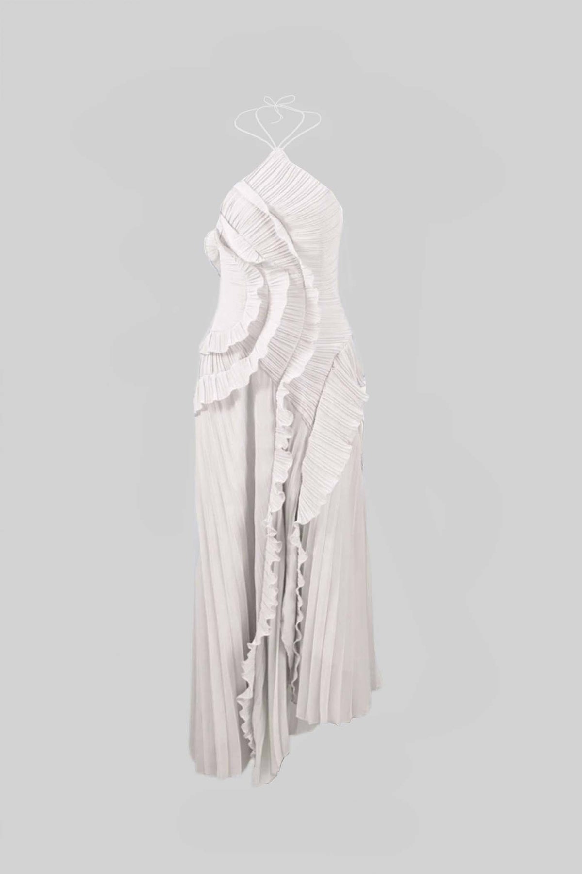 Pleated Halter Neck Cascading Ruffle High Split Maxi Dress 5