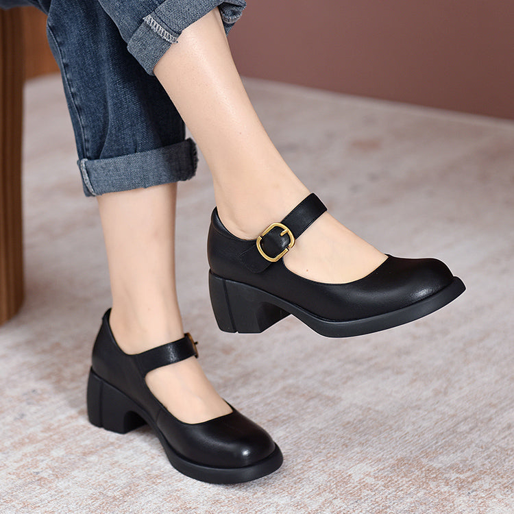 Round Toe Buckle Strap Platform Block Heel Mary Jane Pumps