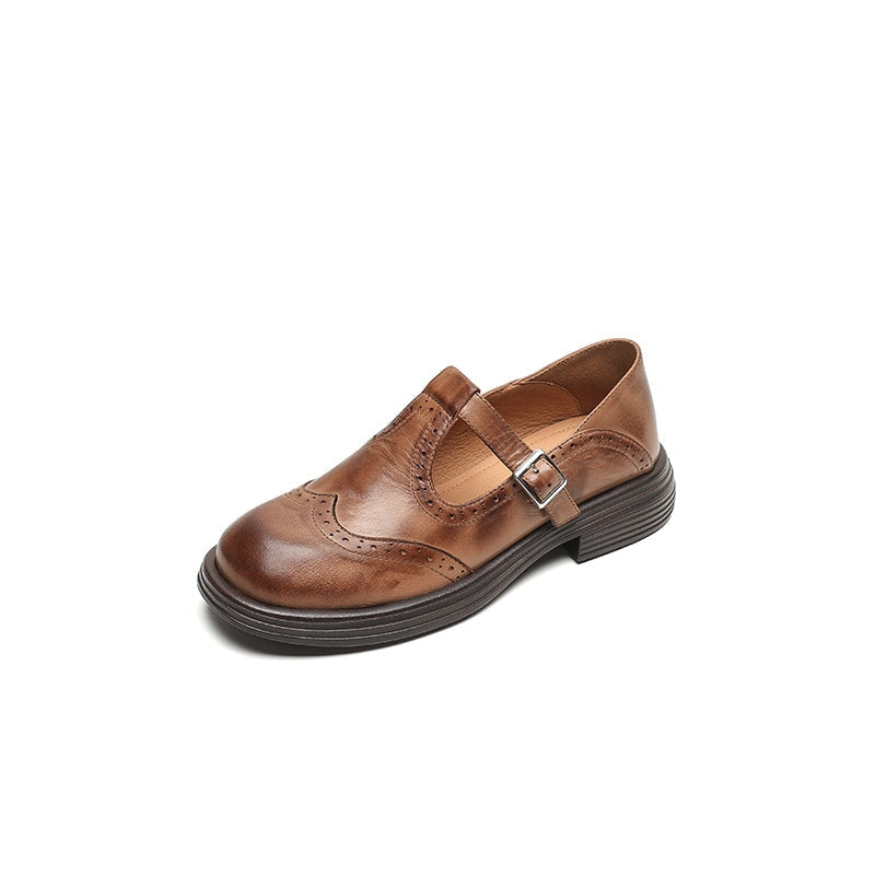 Round Toe T-Strap Buckle Brogue Mary Jane Flats