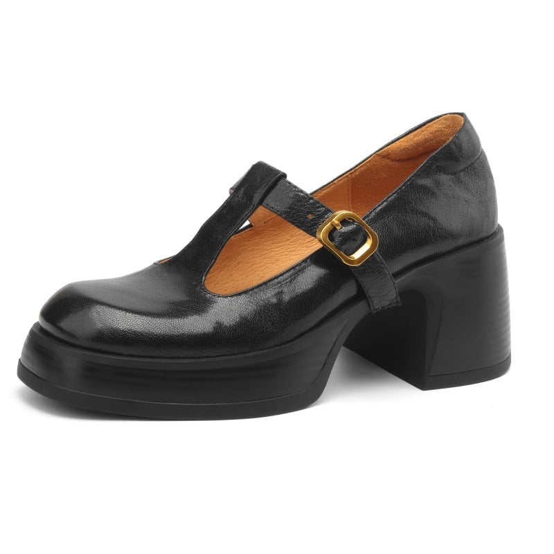 Round Toe T-Strap Platform Block Heel Mary Jane Pumps