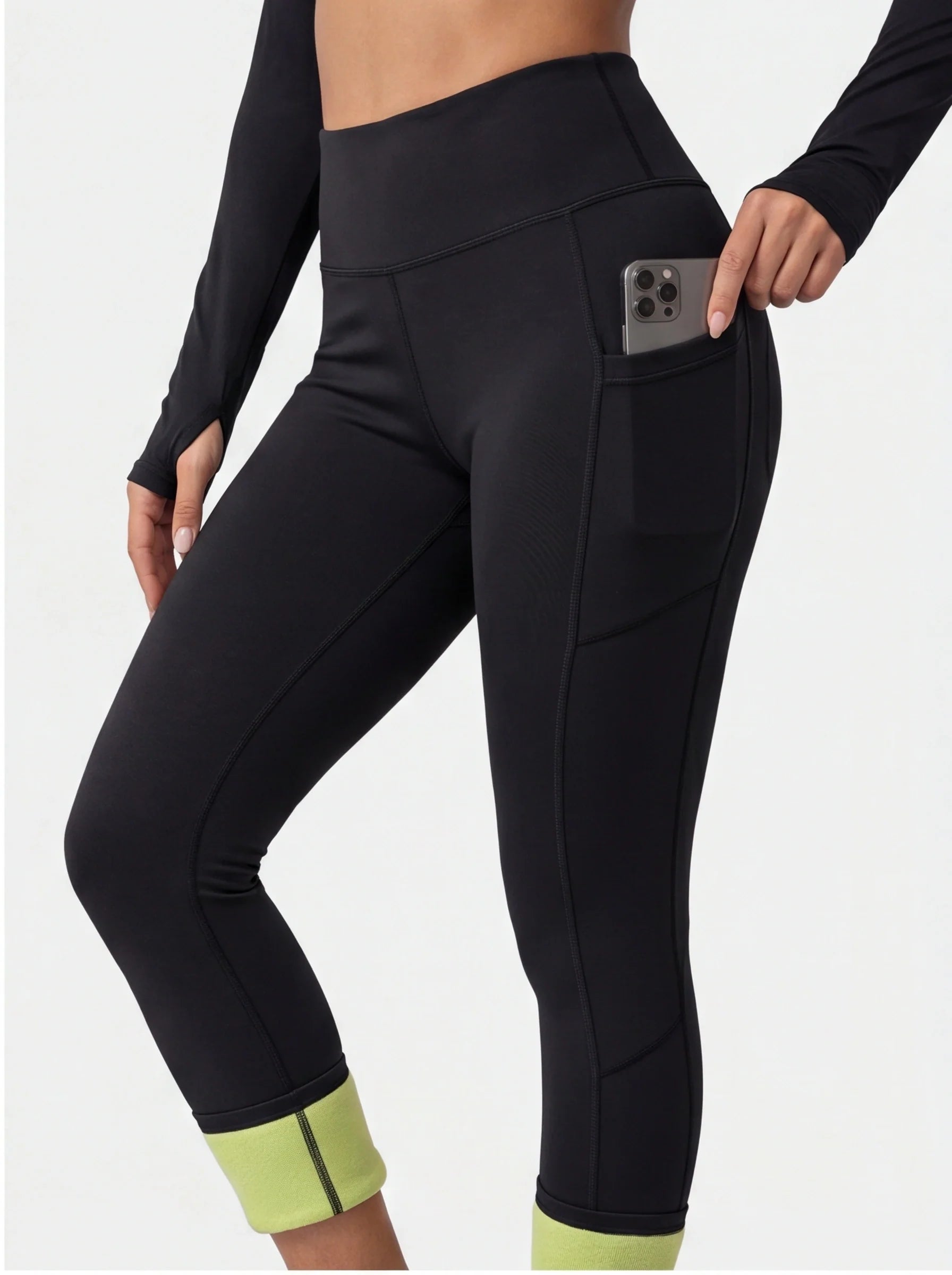Black Leggings Fleece-Lined High-Waisted With Pockets For Cold Weather Comfort Everyday - Jamota
