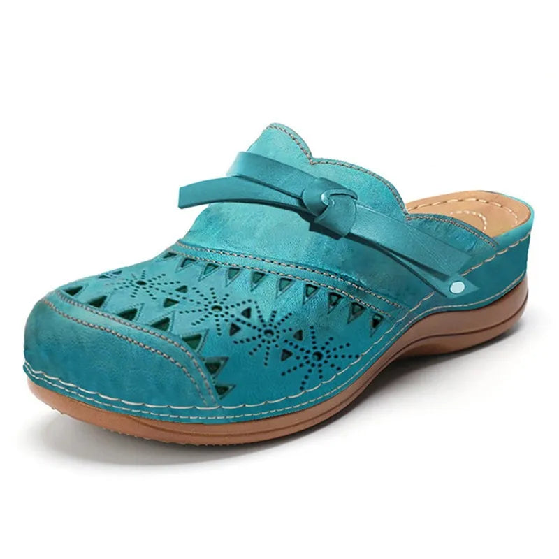Cutout Floral Slip On Wedge Clog Mules
