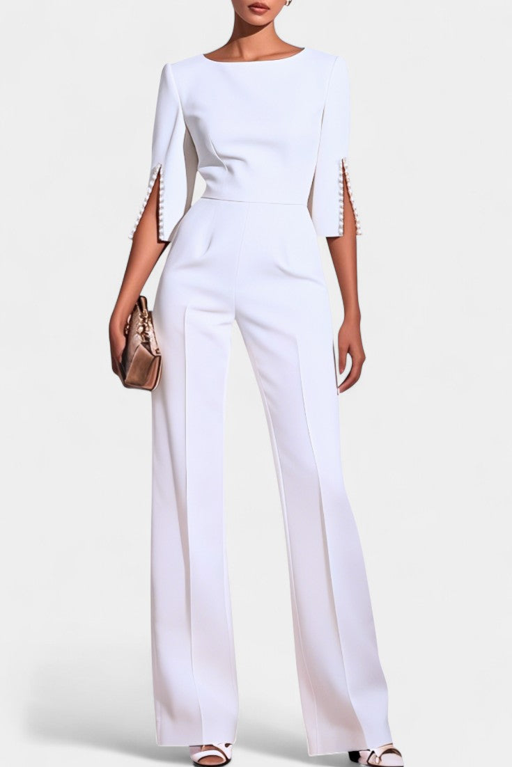 Boat Neck Pearl Trim Split Sleeve Wide Leg Jumpsuit