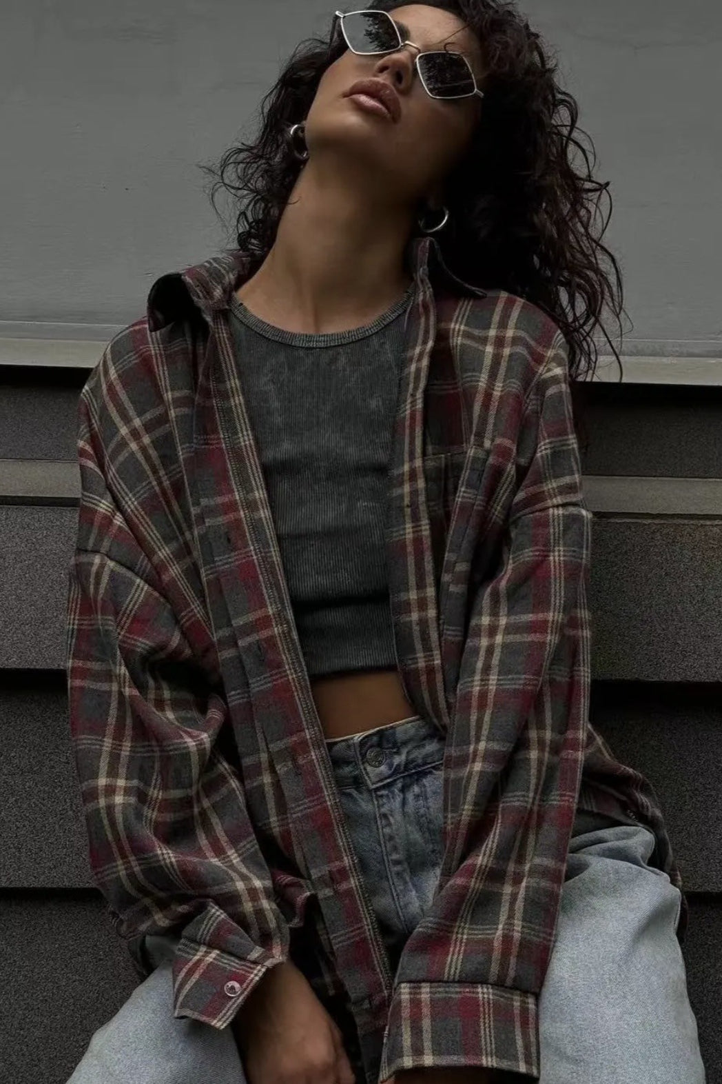 Plaid Collared Long Sleeve Button Front Oversized Shirt 2