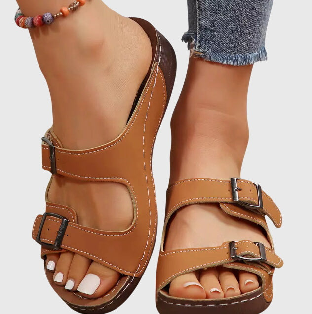 Double Buckle Strap Wedge Slide Sandals