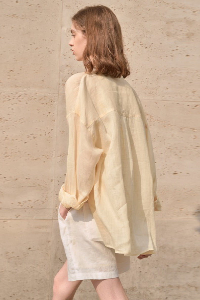 Elegant Sheer Linen Collared Long Sleeve Top