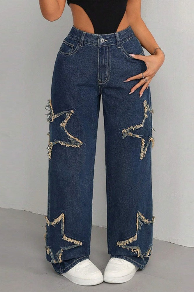 Y2K Star Patch High Street Slim Straight Floor Length Jeans