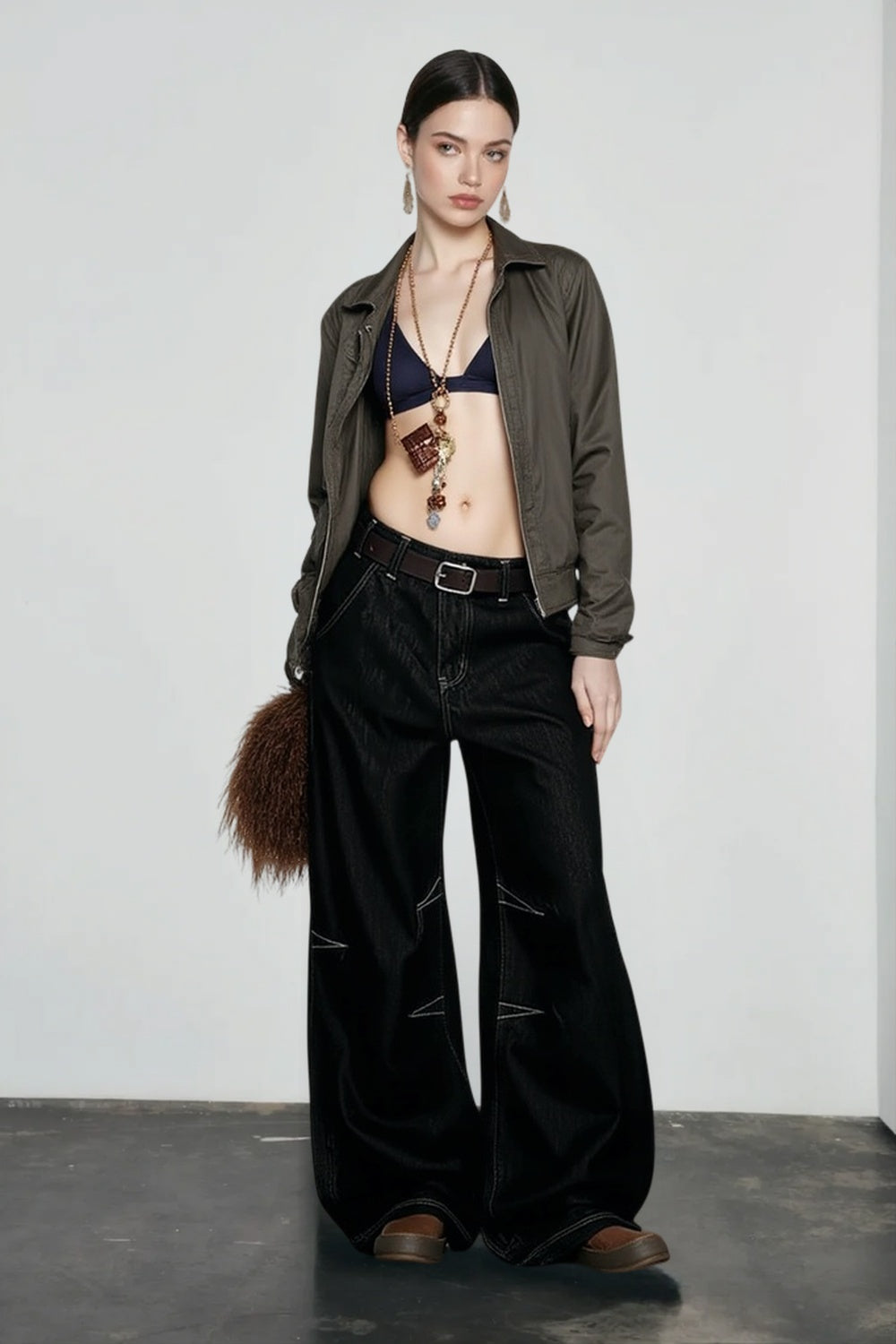 Low Rise Contrast Stitch Baggy Wide Leg Jeans 2