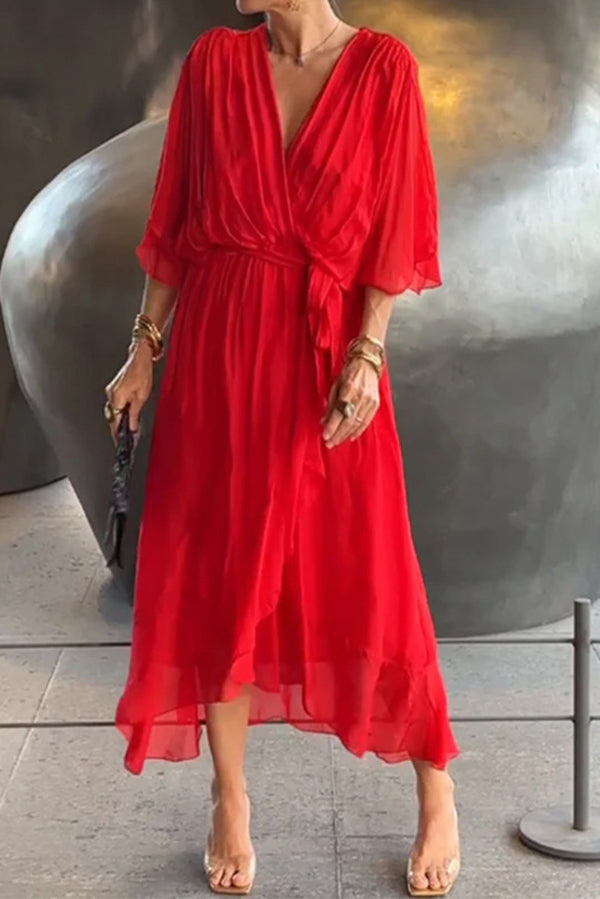 Solid Color V-neck Bat Sleeve Lace-up Irregular Hem Midi Dress - View 4