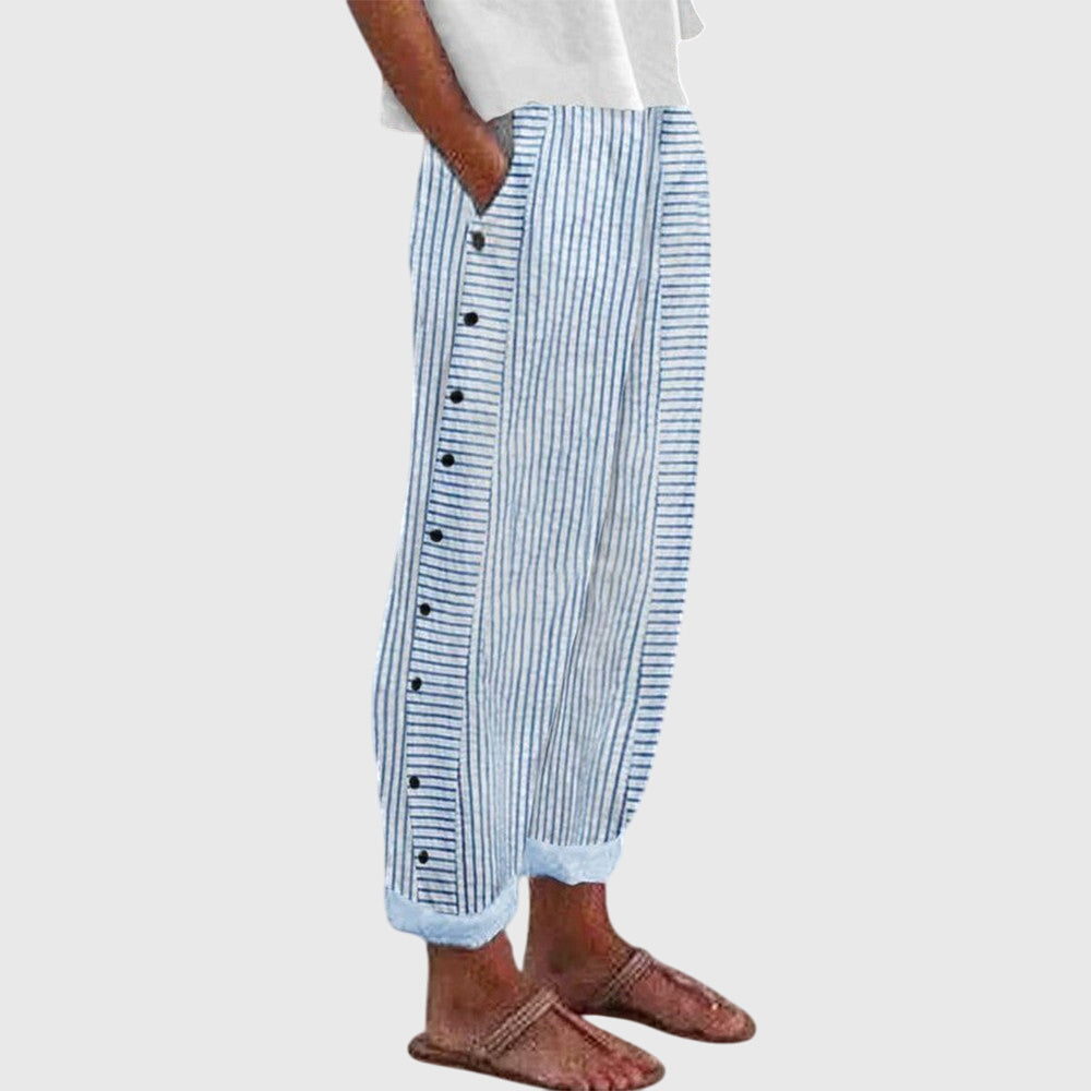 Striped Side Button Wide Leg Pants