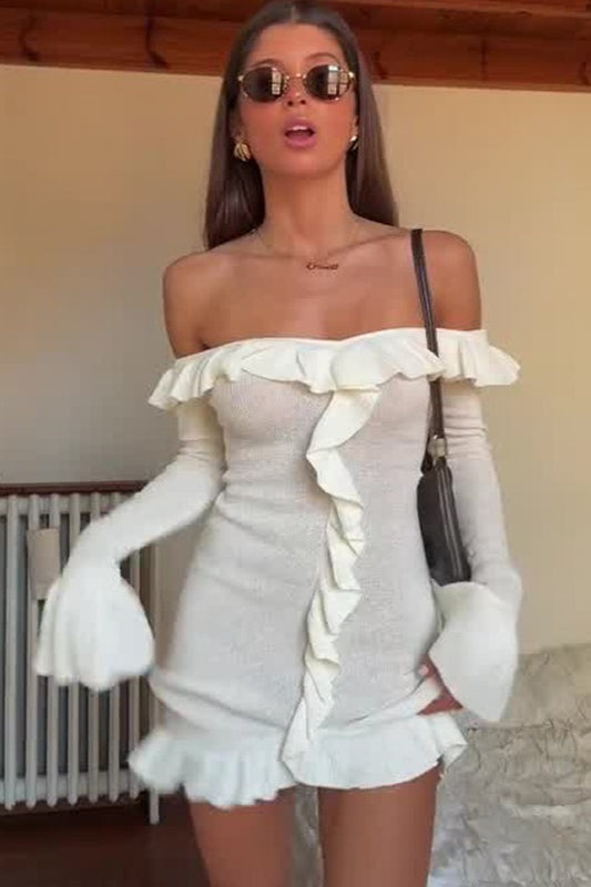 Ruffled OffShoulder Chic Bodycon Mini Sweater Dress