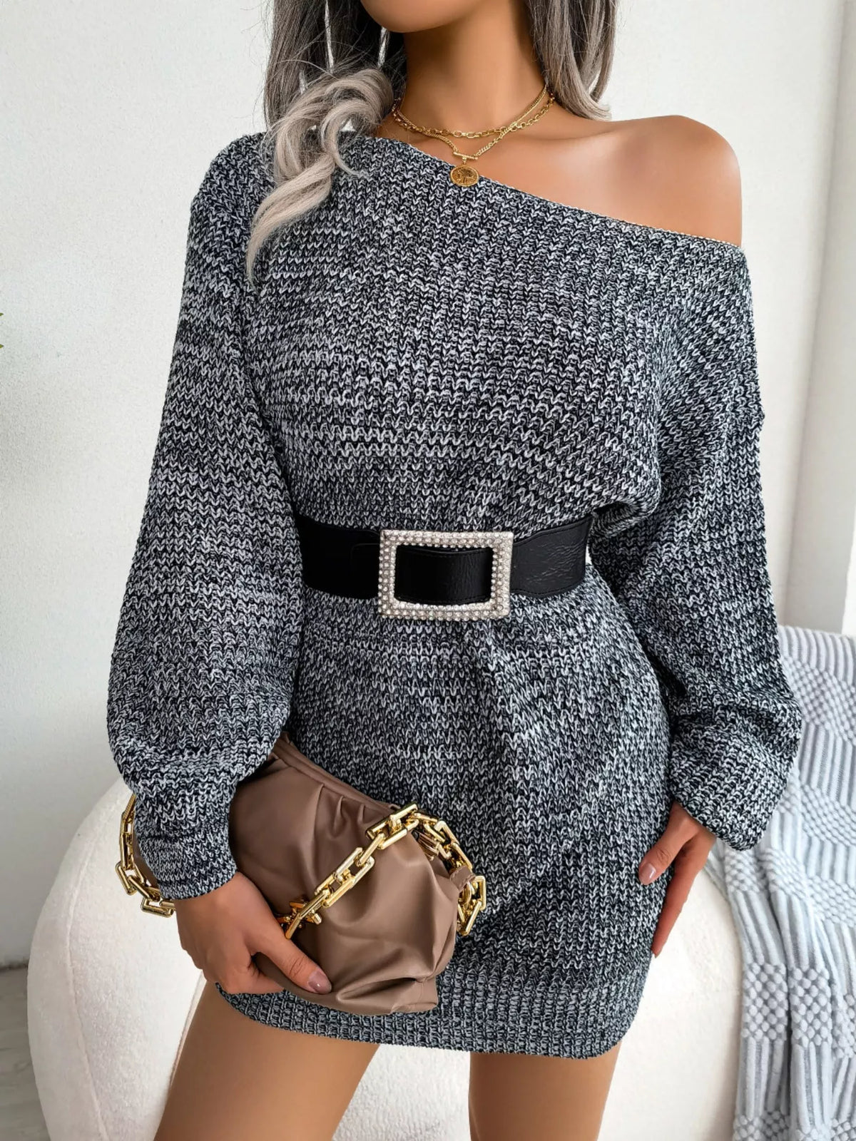 Multi-Color One-Shoulder Sweater Dress