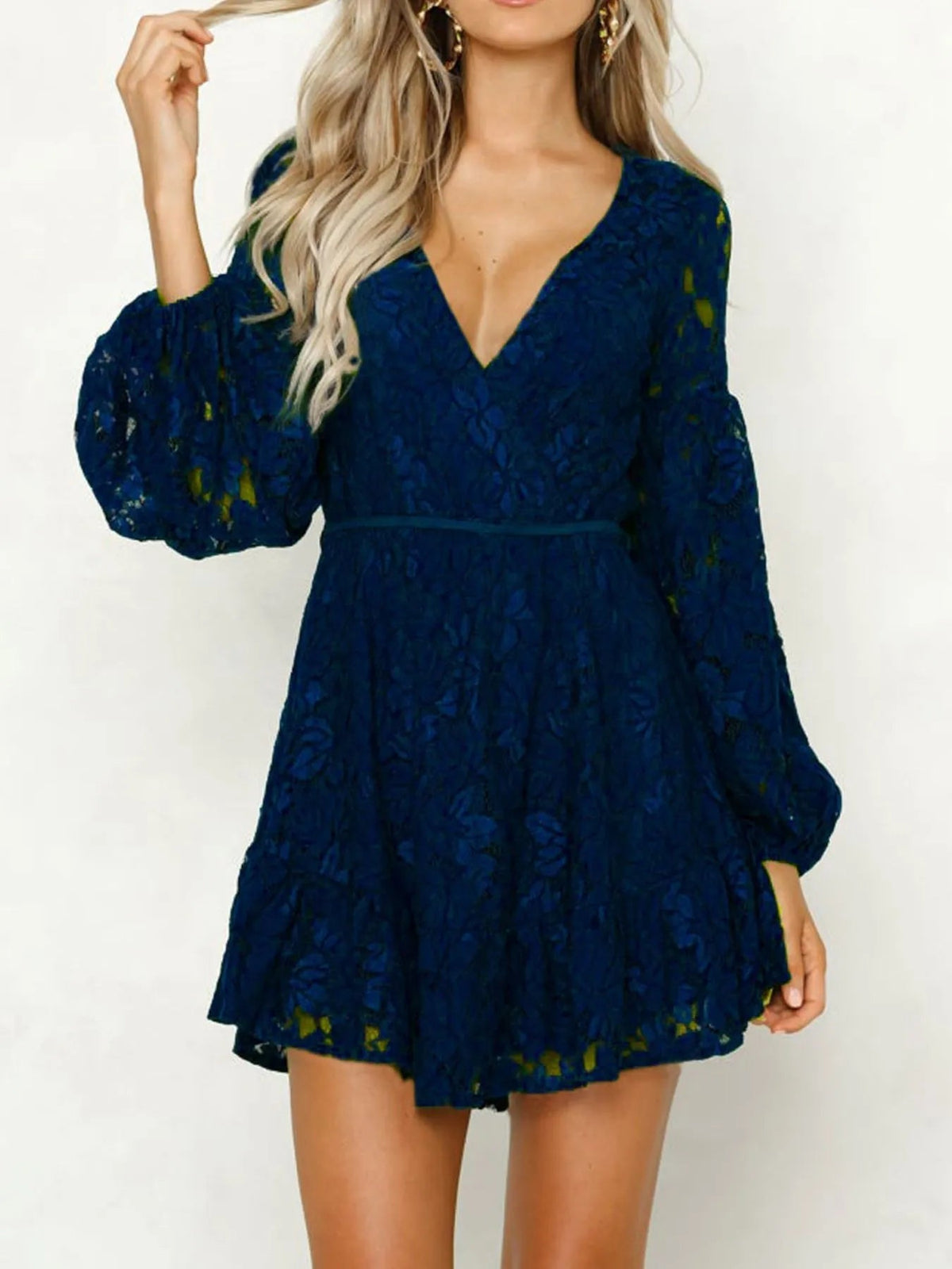 Lace Deep V-Neck Long Balloon Sleeve Fit and Flare Mini Dress