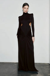 Slim Solid Long Sleeve High Neck Ruched Backless Formal Dress