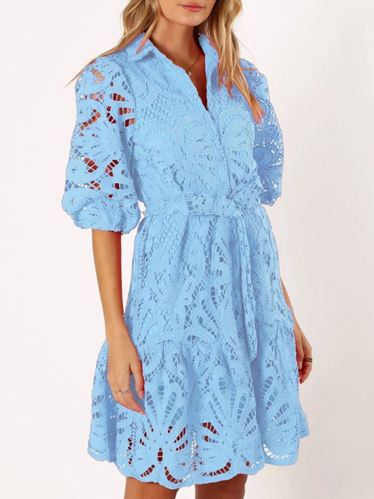Crochet Lace Collared Button Front Half Sleeve Scalloped Hem Mini Dress 3
