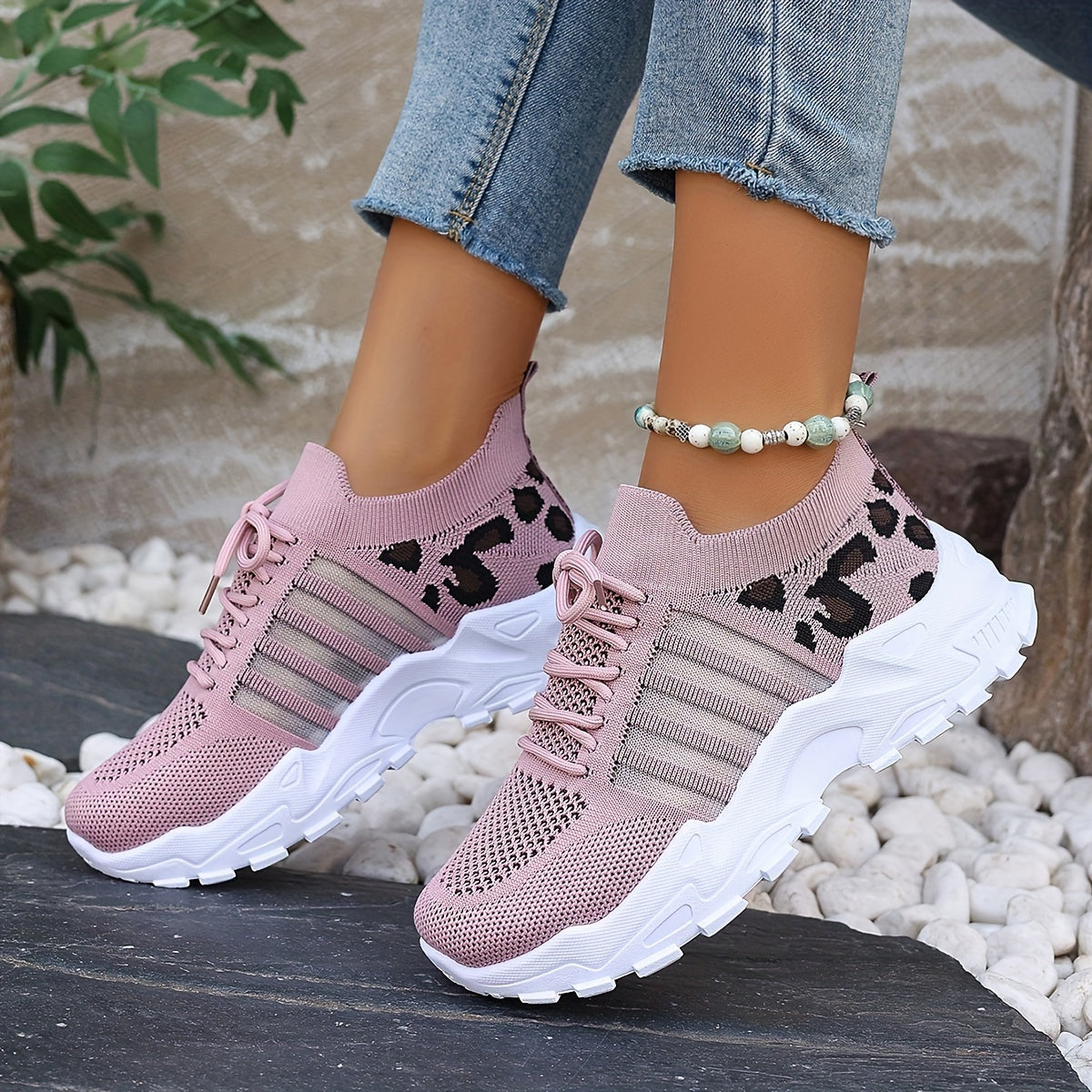 Lace Up Leopard Print Knit Chunky Sneakers