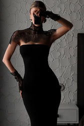 Black Strapless Lace Bodycon Maxi Lace Dress