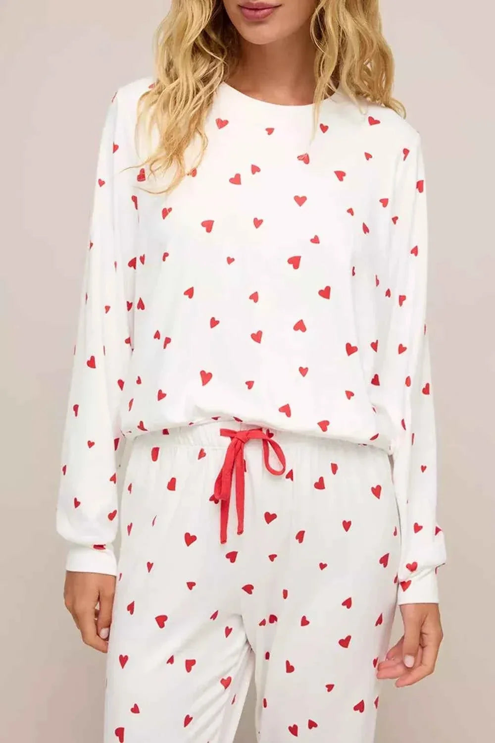 Heart Print Round Neck Long Sleeve Top and Drawstring Pants Two Piece Set