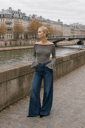Striped Ruffle-Sleeve Knit Top