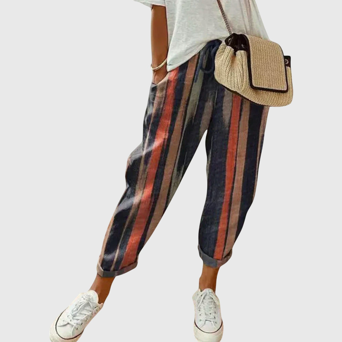 Striped High Waist Drawstring Tapered Pants