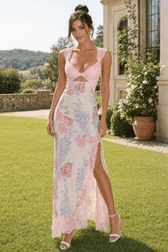 Sexy Lace Panel Cutout Slit Slim Long Floral Dress